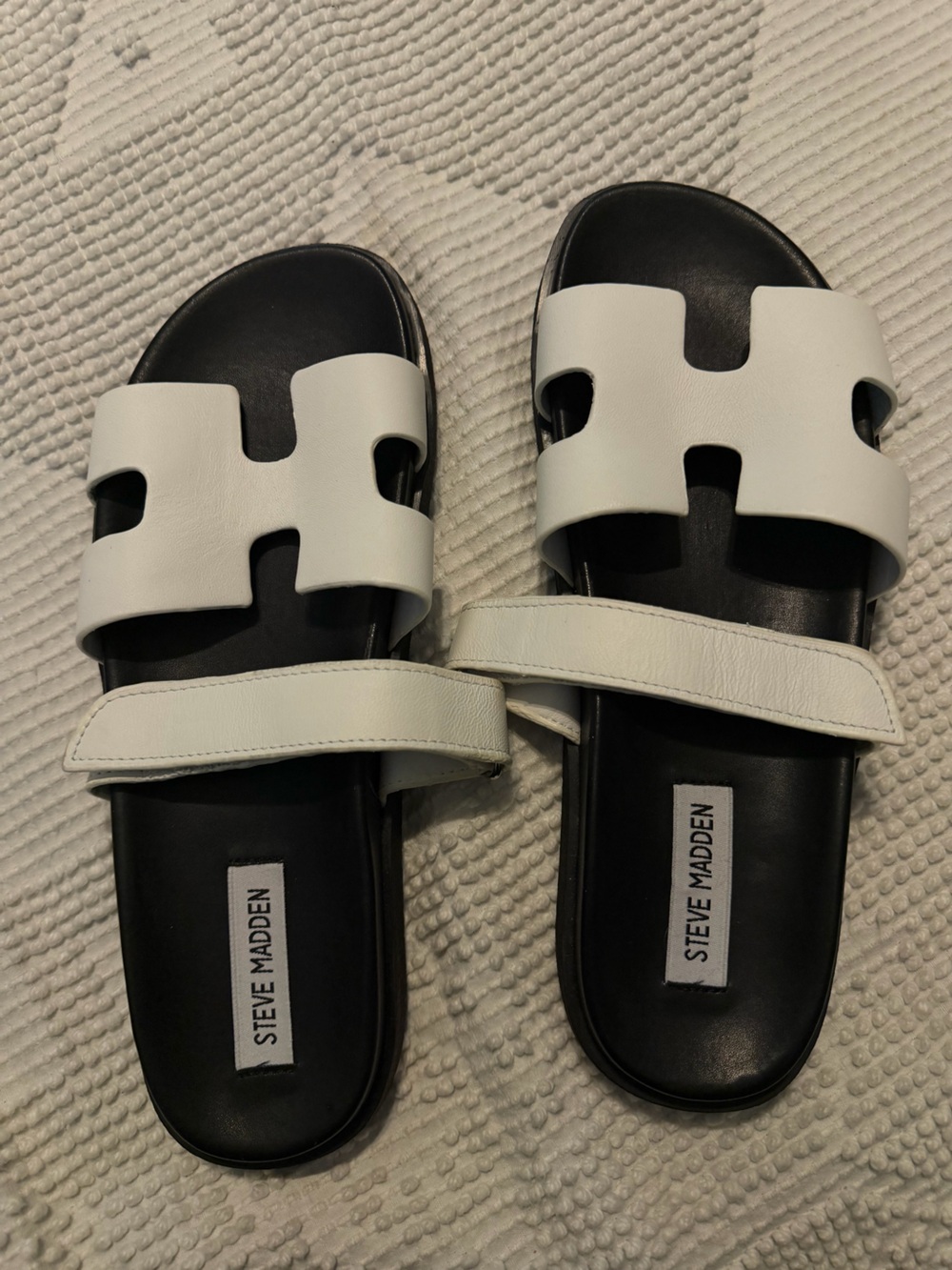 Steve Madden White and Black Cutout Slide Sandals